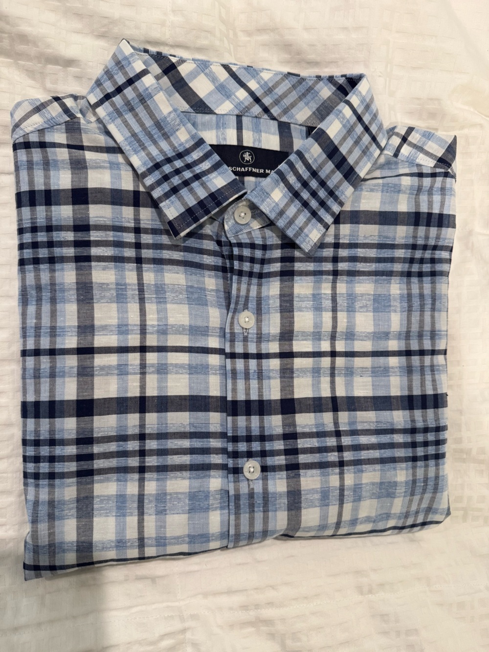 Hart Schaffner Marx long sleeve linen blend Blue Plaid Button-Down Shirt
